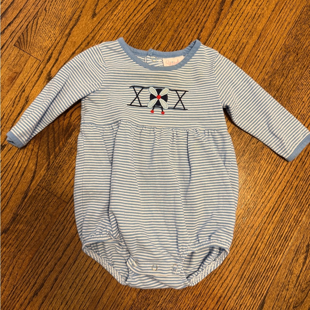 Stitchy Fish 6M Blue Striped Airplane Baby Romper - Picture 2 of 9